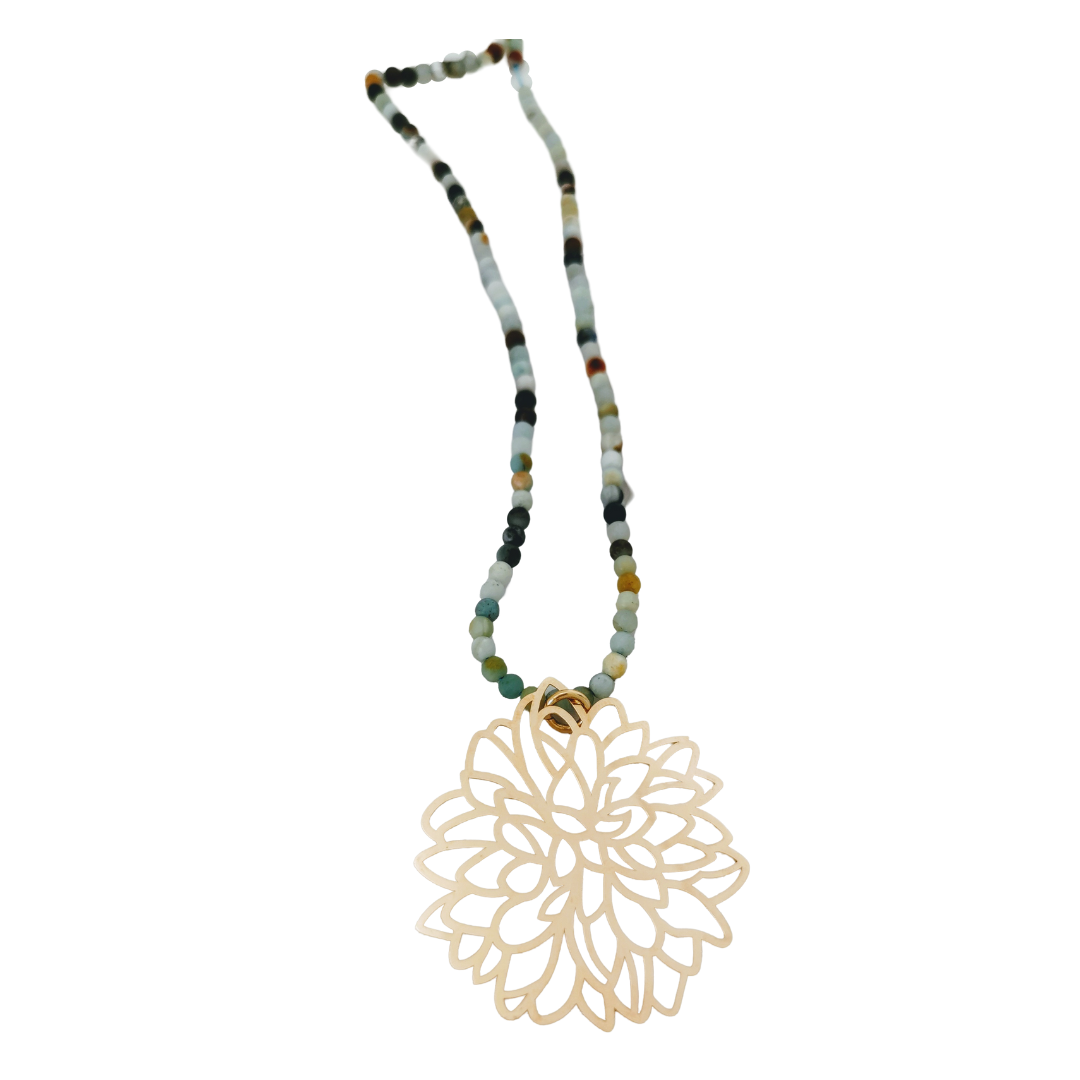 LARGE GOLD PLATED DALIA PENDANT WITH NATURAL BEADS