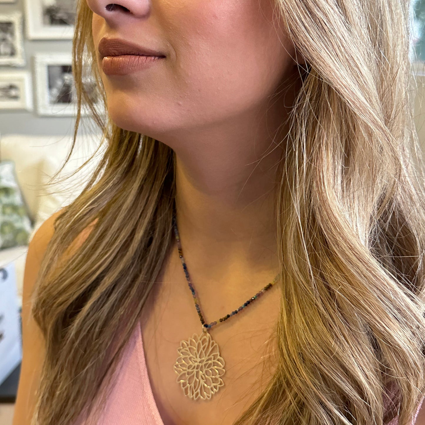 LARGE GOLD PLATED DALIA PENDANT WITH NATURAL BEADS