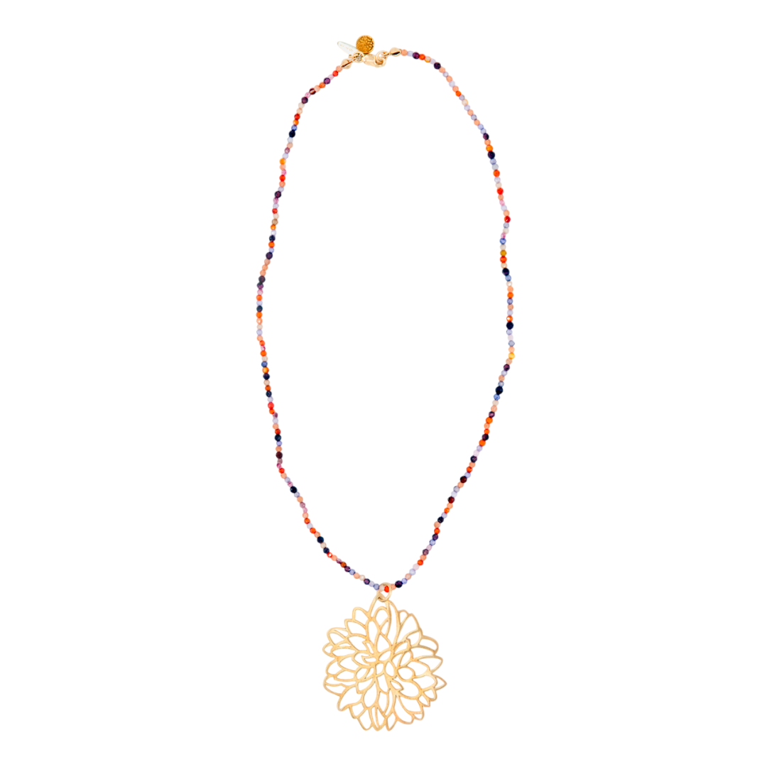 LARGE GOLD PLATED DALIA PENDANT WITH NATURAL BEADS