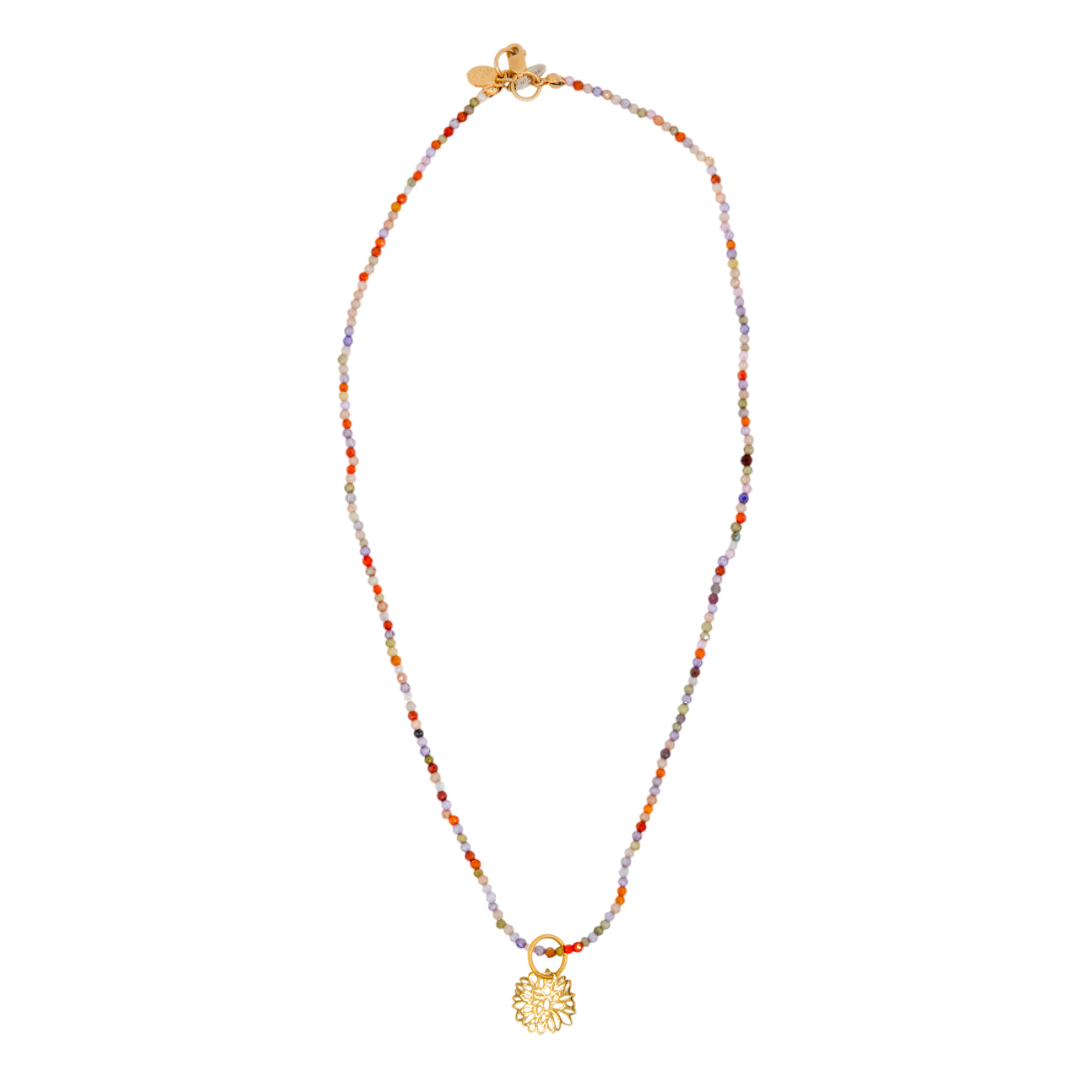GOLD PLATED MINI DAHLIA PENDANT WITH NATURAL BEADS