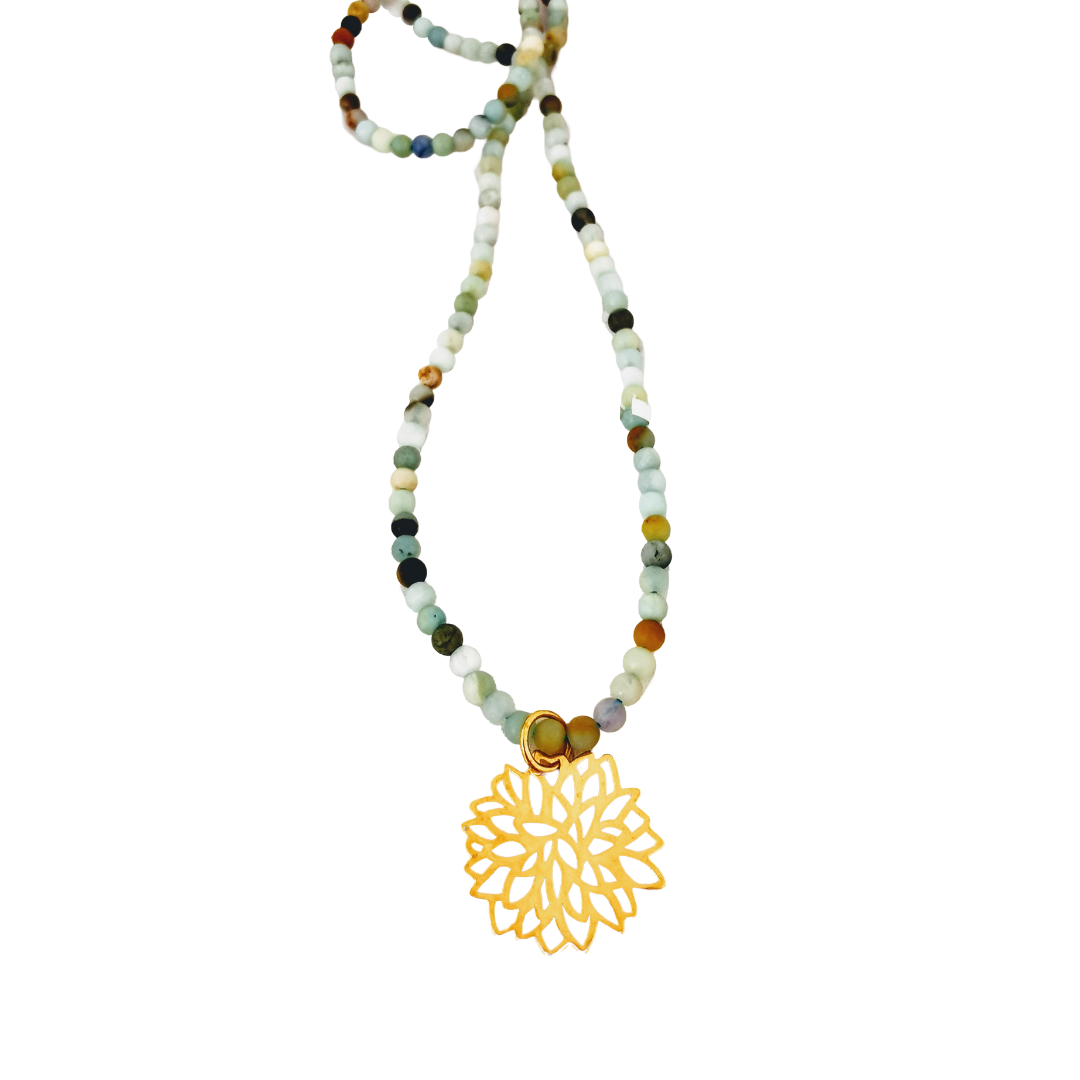 GOLD PLATED MINI DAHLIA PENDANT WITH NATURAL BEADS